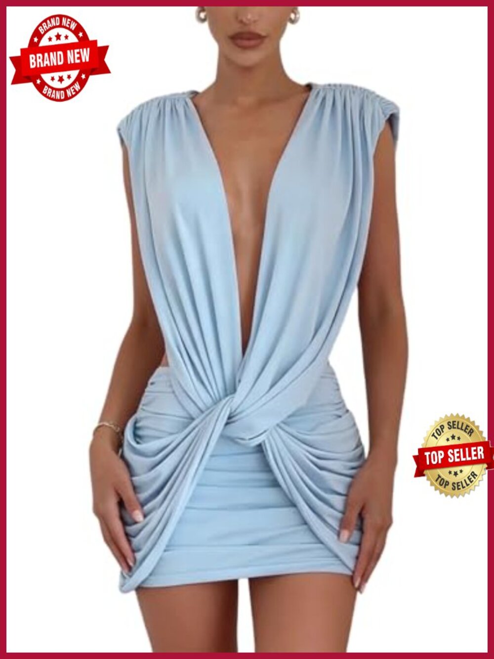 Deep V Twist Ruched Sleeveless Bodycon Mini Club Dress